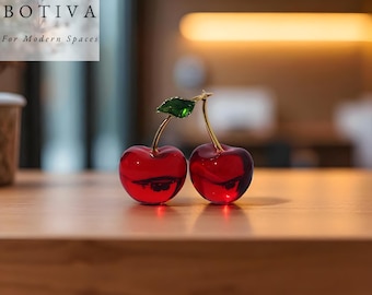 Pair of Cherries Glass Paperweight Ornaments, Crystal Red Cherry Fruit Decor, Unique Glass Home Office Ornament Decor, Glass Kitchen Fruits