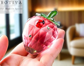 Strawberry Ladybug Crystal Paperweight, Pink Fruit Ornament