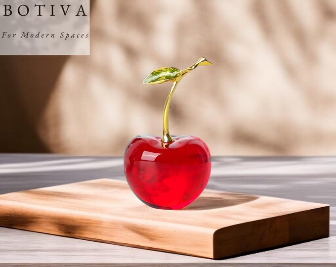Red Crystal Glass Cherry Ornament, Paperweight, Office Decor Gift