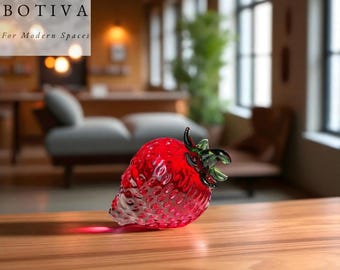 Crystal Strawberry Paperweight, Glass Fruit Ornament, Home Office Decor