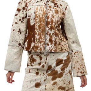 Conjunto de chaqueta y falda de piel de vaca auténtica, piel de vaca natural, regalo para ella