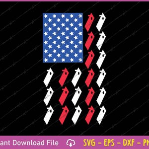 May include: A graphic design featuring a stylized American flag on a black background. The flag's upper left corner displays a blue rectangle with white stars. The design incorporates red and white elements, with the text "Instant Download File" and file type icons at the bottom.