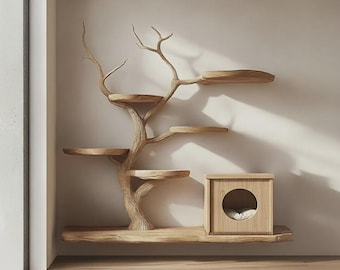 Modern Wooden Cat Tree Shelf | Handmade Wall Mounted Cat Furniture, Minimalist Playground