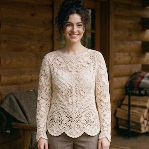 Bohemian Crochet Sweater – Cream Lace Pullover with 3D Floral Appliques