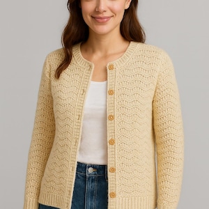 Mönster för virkad kofta: Rund halsringning för vuxna, Caron Soft Yarn (PDF-mönster)