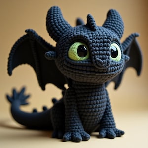 Op de afbeelding: Een handgemaakte, gehaakte drakenfiguur in donkergrijs. De draak heeft grote ogen met groene irissen en zwarte pupillen, en zwarte vleugels. De draak zit met zijn staart opgerold.