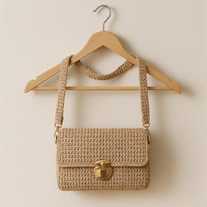 May include: A beige crochet crossbody bag with a flap closure and a gold-colored clasp. The bag has a matching crochet strap and is hanging on a wooden hanger.