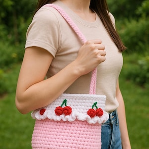 Cherry Handbag Crochet Pattern | Cute Ruffled Fruit Purse Tutorial | PDF Instant Download | Step-by-Step Instructions | DIY Yarn Craft |