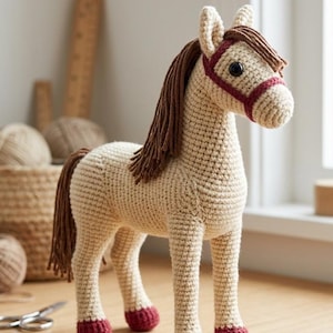 May include: A crocheted horse toy in cream with a brown mane and tail. The horse has a burgundy bridle and hooves. The toy is standing on a wooden surface.