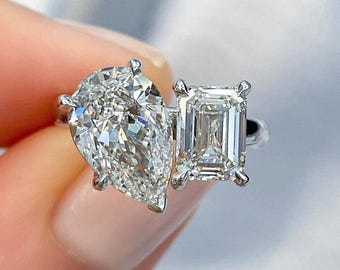 Pear and Emerald Cut Toi et Moi Ring 14K White Gold Two Stone Engagement Ring, Anniversary Gift For Her, Unique Modern Statement Ring