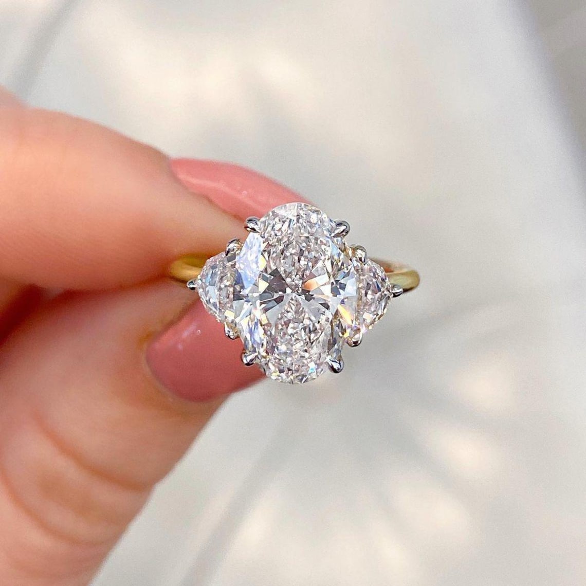 3 CT Oval Engagement Ring With Half Moon Side Stones Two Tone Diamond ...
