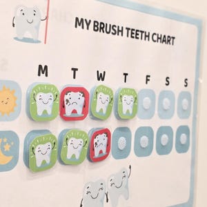 May include: A children's teeth brushing chart with the text "MY BRUSH TEETH CHART". The chart features cartoon teeth, sun, and moon graphics. Days of the week are listed, with spaces for tracking brushing habits.