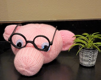 Pig Eyeglass Holder Stand, Handmade Knit, Farmhouse Decor, Back to School Teacher Gifts