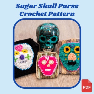 Crochet Pattern, Sugar Skull Purse, Goth Crochet Pattern, Gift for Her image 1