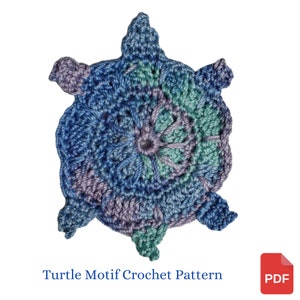 May include: A crochet turtle motif pattern in blue, green, and purple. The pattern is available as a PDF download.
