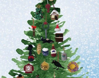 Puede incluir: Un gráfico digital que muestra un árbol de Navidad verde estilo acuarela decorado con varios adornos de ganchillo pequeños y coloridos. El texto dice: It's a Wonderful Life, Advent Calendar Ornament Crochet Patterns y Lisa Ferrel.