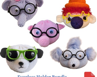 Eyeglass Holder, Addi Pattern Bundle - Elephant, Clown, Poodle, Panda, and Pig Eyeglass Holder Patterns for the Addi King knitting machine