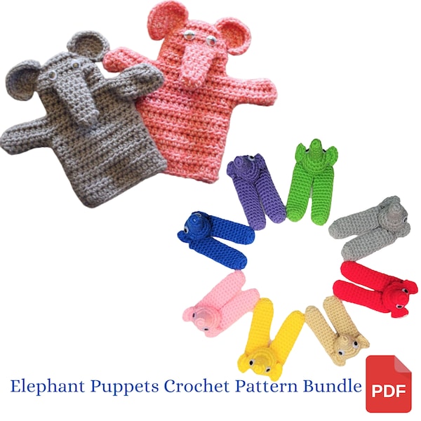 Elephant Puppet Crochet Pattern Bundle - Hand Puppet & Finger Puppet Patterns