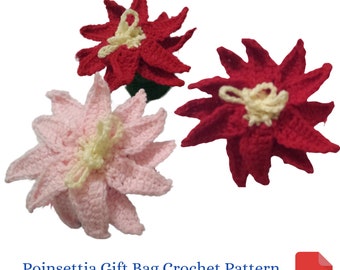 Christmas Crochet Pattern, Poinsettia Gift Bag Crochet Pattern, Christmas Gift Bag Crochet Pattern, Teacher Gift