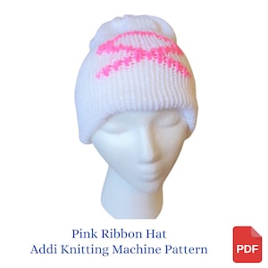 Patrón para máquina de tejer Addi, patrón de gorro con cinta rosa para máquina de tejer circular