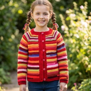 May include: A colorful, striped crochet cardigan with a red base and button closure. The sweater features horizontal stripes in shades of red, orange, yellow, purple, and pink. The cardigan is worn by a person with pigtails and blue jeans.