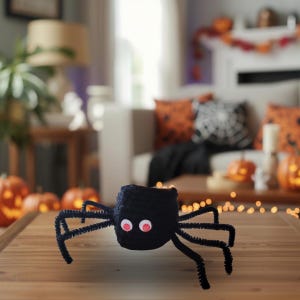 May include: A black spider decoration featuring a fuzzy, rounded body and eight long, thin, black pipe cleaner legs. The spider has two prominent, round white eyes with red pupils positioned on the front of its body, creating a distinct face.