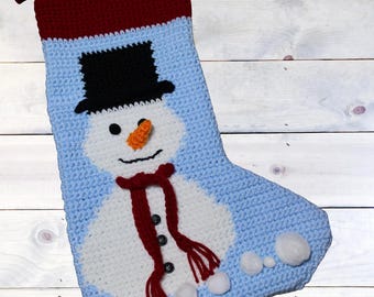 Snowman Christmas Stocking, Handmade Crochet - Traditional Holiday Decor