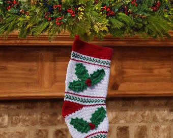 Holly Christmas Stocking, Handmade Crochet - Traditional Holiday Decor