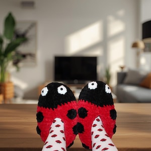 Hand Crocheted Ladybug Slippers, Ladies Size 8/9