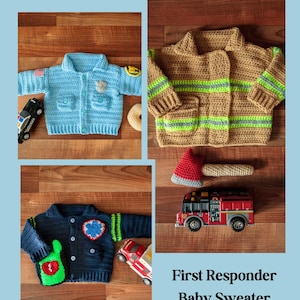 May include: Crochet patterns for a police officer and firefighter baby sweater. The sweaters are blue and brown with green and yellow accents. The image also includes toy cars and an axe.