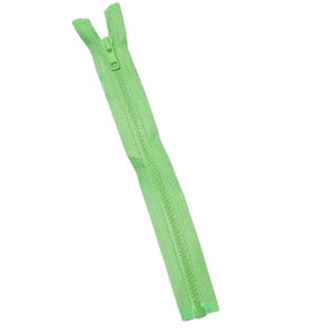 May include: A single, light green zipper against a white background. The zipper is open, showing the teeth and the slider. The zipper pull is also light green. This sewing notion is used for clothing and craft projects.