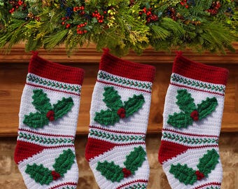 Holly Christmas Stocking Crochet Pattern PDF, Traditional Holiday Decor
