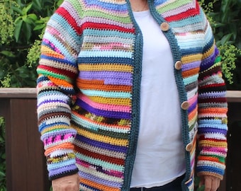Yarn Bomb Cardigan Women's Crochet Pattern, DIY Ladies' Sweater Pattern, Scrap Buster Pattern