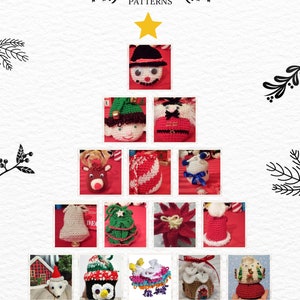 May include: A collection of crochet Christmas gift bag patterns arranged in a tree shape. The image features various designs including a snowman, elf, reindeer, candy cane, bell, poinsettia, penguin, and gingerbread house. Text reads Christmas Gift Bags.