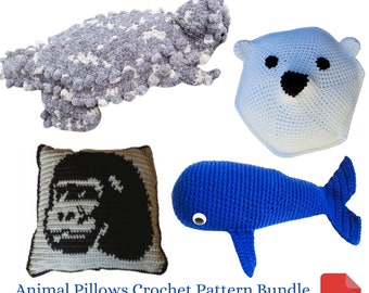 Animal Pillows Crochet Pattern Bundle - Whale, Gorilla, Horny Toad, Polar Bear