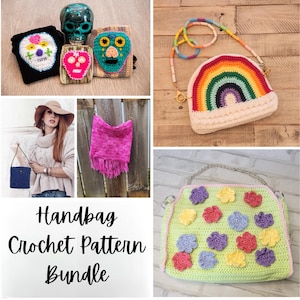 May include: A collection of handmade crochet handbags. The bags include a rainbow-shaped purse, a green bag with flower appliqués, a pink fringed bag, and several skull-themed pouches. The image also includes the text "Handbag Crochet Pattern Bundle."