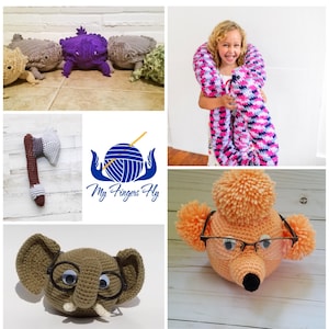 May include: A collage of handmade crochet items. Includes several small, textured reptile-like creatures in various colors, a purple and pink crocheted scarf, a crochet axe, a crochet elephant head with glasses, and a crochet animal head with glasses.