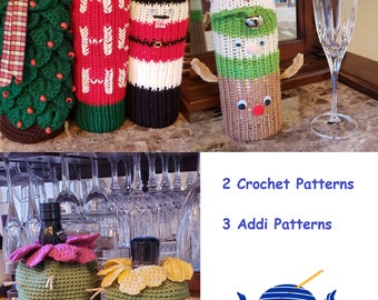 Christmas Patterns, Wine Gift Bag Patterns, 2 Crochet Patterns and 3 Addi Patterns