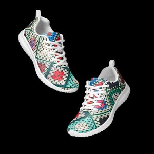 May include: A pair of white sneakers with a colorful crochet pattern. The pattern features squares of different colors, including red, blue, green, and yellow.