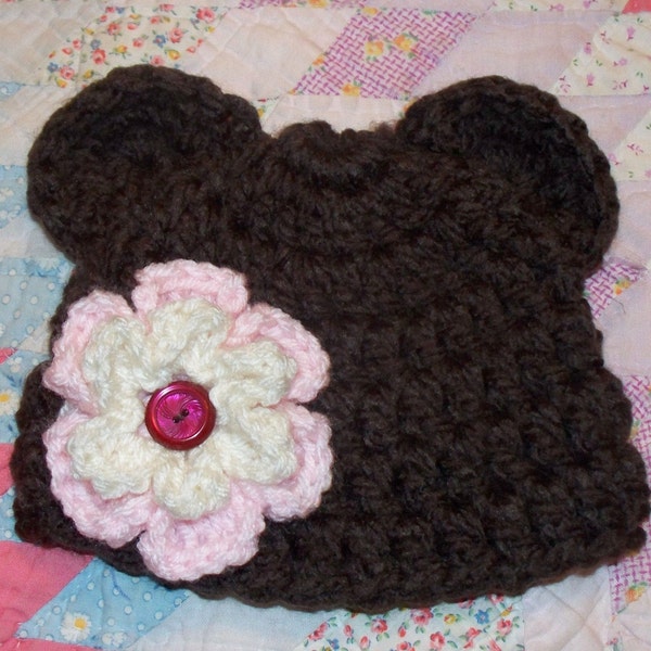 Flower Bear Baby Beanie / you choose size /choice of Brown, Ecru, Pure White or Grey hat / you choose flower colors / DaddyMackHats