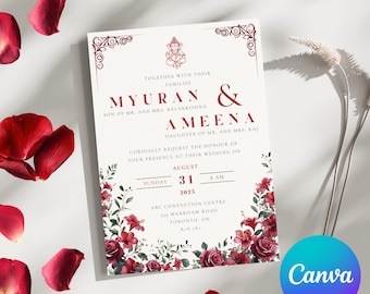 Elegante rote Blumen-Hindu-Hochzeitseinladung - Bearbeitbar Tamil Shaadi (Digitaler Download)