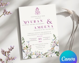 Moderne Hinduistische Hochzeitseinladung - Lila Wildblumen Design (12x18cm Digital Download)