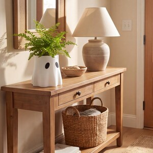 May include: A white ceramic ghost-shaped planter containing a green fern, placed on a wooden console table next to a beige table lamp with a conical shade, a small woven bowl, and a large woven basket with handles on the lower shelf.
