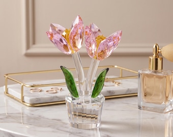 Crystal Tulip Figurine, Floral Table Decor, Elegant Flower Ornament, Gift for Her, Spring Home Accent