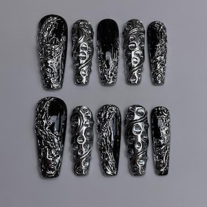 Black Silver Chrome Press On Nails, 3D Metallic Texture Fake Nails, Gothic Punk Style Nail Set, Long Coffin Shape, Reusable Nails Set Gift