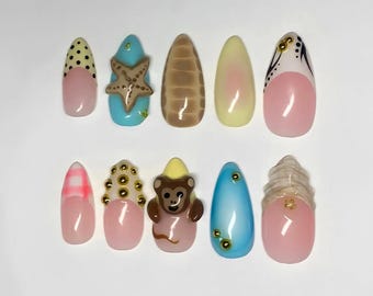 Unhas postiças com tema de macaco, unhas de acrílico com tema de estrela-do-mar, conchas e oceano, unhas postiças fofas de praia para o verão, conjunto divertido de unhas de desenho animado em 3D