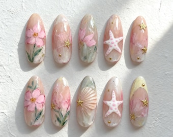 Unghie finte da spiaggia, unghie estive fatte a mano in stile sirena con fiori, conchiglie e stelle marine, set di nail art per le vacanze