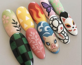Demon Press On Nails, Kimetsu no Yaiba Anime Nails, Tanjiro Zenitsu Nezuko Inosuke Rengoku Shinobu Nails, Handmade Cosplay Nail Art