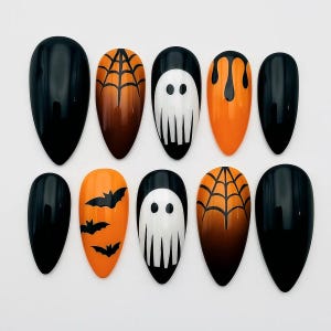 Halloween Ghost Bat Spider Web Press On Nails, Black Orange White Spooky Nail Set, Long Coffin Fake Nails for Witch Costume, Cute Nails Set