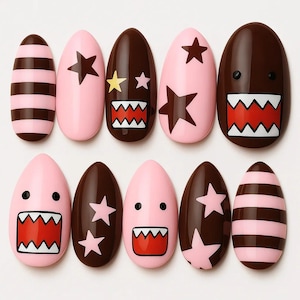 Cute Pink and Brown Monster Face Press On Nails, Cartoon Starry Nail Art Set, Kawaii Handmade Fake Nails for Girls Teens, Halloween Nails